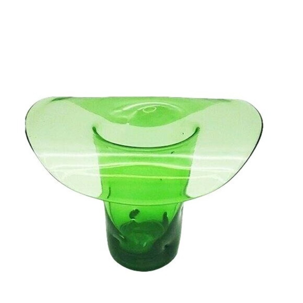 Bischoff VTG Hand Blown Art Glass Top Hat Vase Green Pinched Folded Studio Art